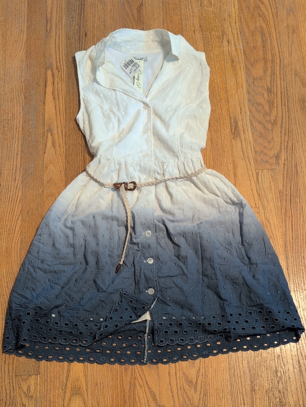 Sleeveless Ombre Eyelet Mini Dress with Braided Belt - White/Navy